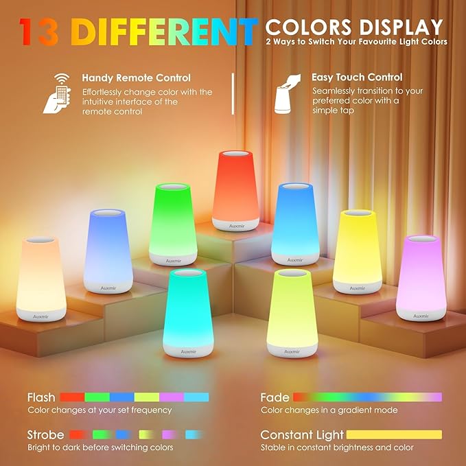 Auxmir Night Light, Dimmable Touch Lamp for Bedroom, Portable Rechargeable Bedside Table Lamp for Baby Nursery, 13 RGB Colors & 5 Brightness, Night Lights for Bedroom Living Room Bathroom Hallways