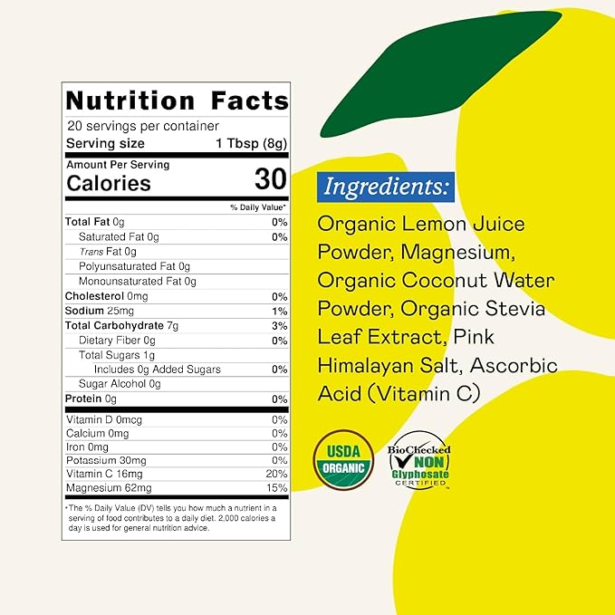 GOODONYA Organic Hydration Electrolyte Drink Mix, Certified Organic Hydration Powder, Non-GMO, Biochecked Glyphosate Free, Low Sugar, Lemonade Flavor, No Artificial Flavors, 20 Servings