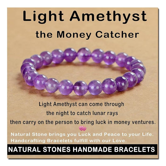 AD Beads Handmade Gemstone Stretch Elastic Bracelet Crystal Healing Reiki Nature's Beauty and Spiritual Essence Unisex (8mm, Purple Amethyst)