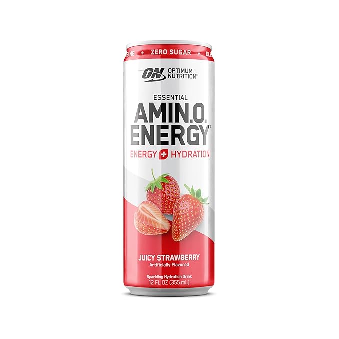 Optimum Nutrition Amino Energy Sparkling Hydration Drink, Electrolytes, Caffeine, Amino Acids, BCAAs, Sugar Free, Juicy Strawberry, 12 Fl Oz, 12 Pack (Packaging May Vary)