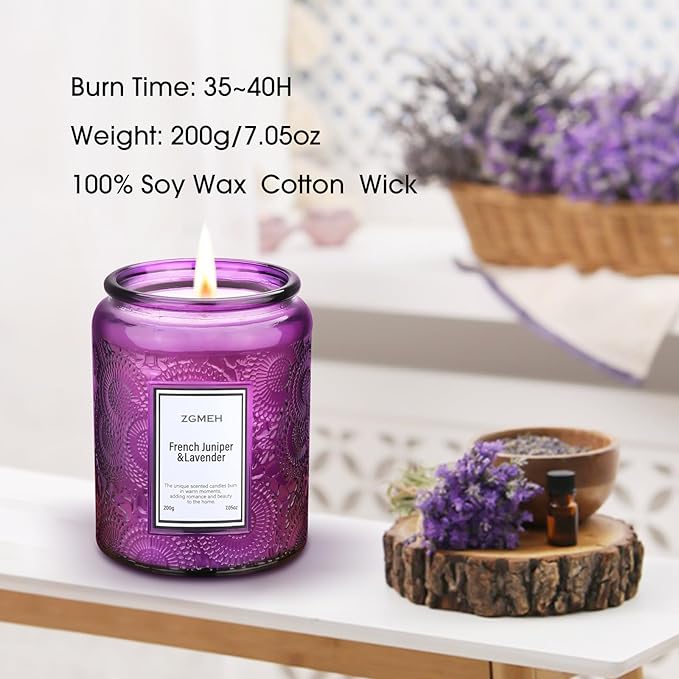 Jar Candles Lavender Home Scented - 100% Natural Soy Wax & 1 Cotton Wick,Luxury Embossed Bottle Candle,Scented Jar Candle Gift for Women/Men 7.05oz/40 Hours Burn Time