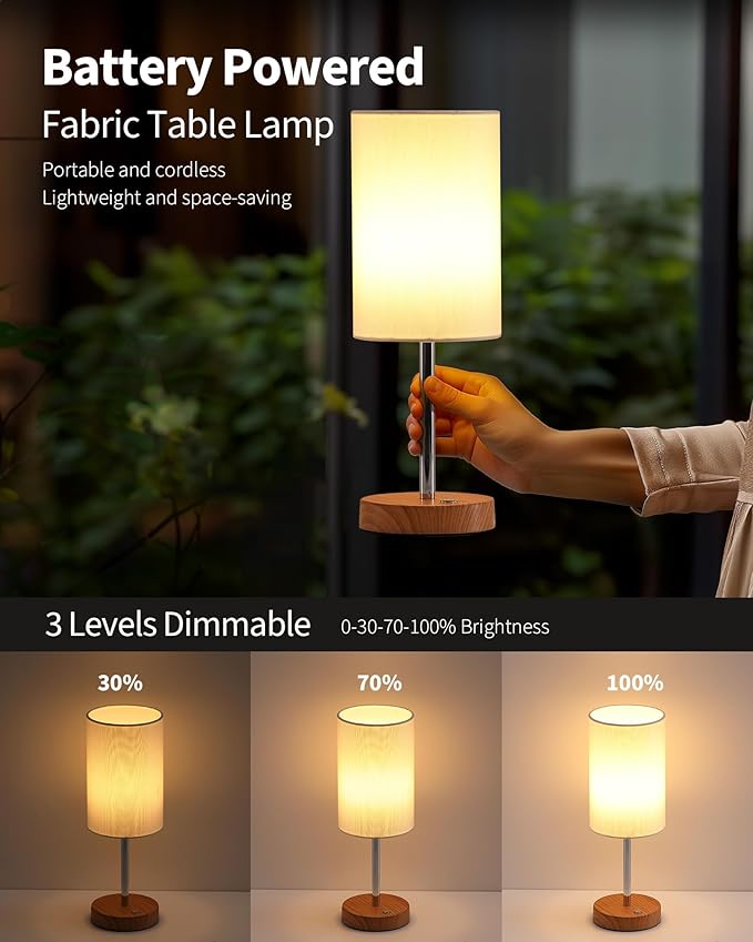 KDG Simple Cordless Table lamp, Portable Bedside 5000mAh LED Desk Lamp, 3 Brightness Levels Emergency Light, Linen Lampshade for Living Room, Bedroom, Dining Room, Night Light (Silver)