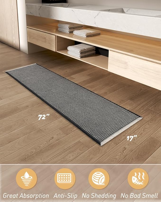 AMOAMI Upgraded Waffle Runner Rug Super Absorbent Non Slip Bath Mats for Bathroom Machine Washable Bathroom Runner Rug with Tassels, Ideal for Hallway Bedroom Laundry Room, 17" x 72", Black & Cream