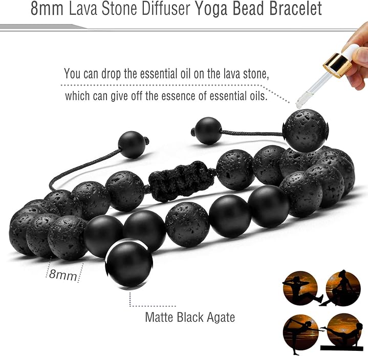 Hamoery Men Women 8mm Lava Rock Aromatherapy Anxiety Essential Oil Diffuser Bracelet Braided Rope Natural Stone Yoga Gifts Beads Bracelet Bangle-21017