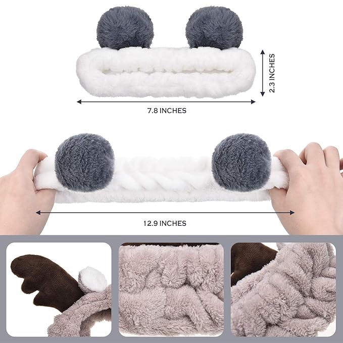 Chuangdi 4 Pcs Animals Ears Headbands Cute Face Washing Spa Fuzzy Headband for Women Elastic Turban Hair Bands Shower Head Wraps Facial Headband for Cosplay Party