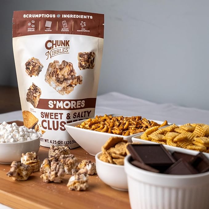Chunk Nibbles S’mores Snack Clusters - Campfire-Inspired Treat with Marshmallows, Graham Crackers, Pretzels & Chocolate - Small Batch, Handcrafted - Gourmet Treat - 4.25oz Resealable Pouch (3 Pack)