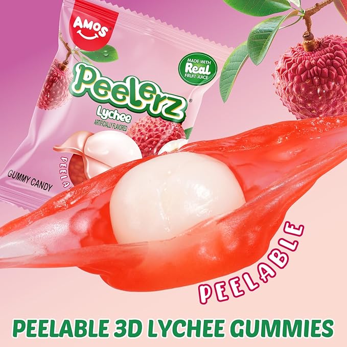 AMOS Peelerz Lychee Gummy Candy, Peelable Fruit-Shaped Candy, 8.47oz Box with 10 Individual Packs – Fun Peeling Gummy Snack Made with Real Juice