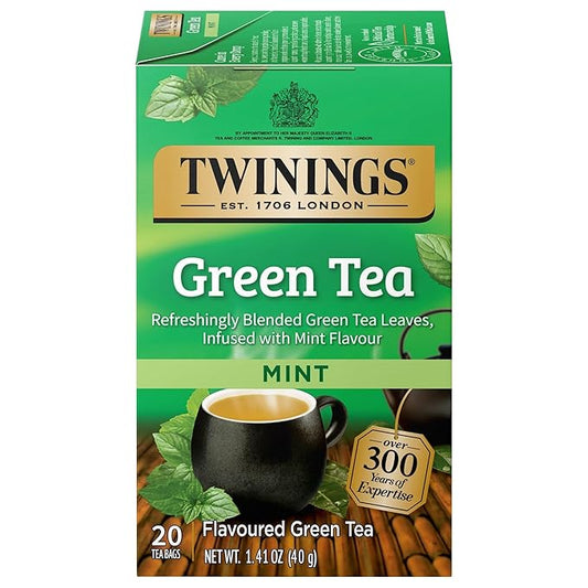 Twinings Green Tea with Mint Individually Wrapped Bags, 20 Count (Pack of 1), Invigorating Aroma, Caffeinated, Enjoy Hot or Iced, 20 Teabags