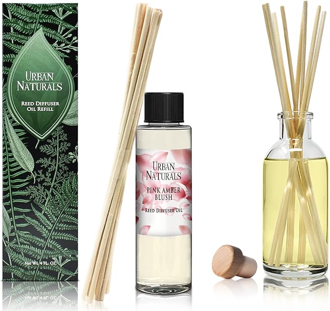 Urban Naturals Reed Diffuser Oil Refill, Pink Amber Blush Fragrance Oil with Florals, Fruits, Vanilla, 4 oz + Free Reed Sticks, Made in The USA