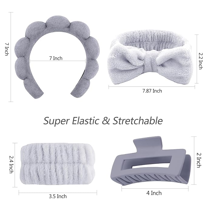 VELSCRUN Spa Headbands for Wash Face, Makeup Headband, Facial Skincare Headbands, 5 Pcs Grey Puffy Sponge Spa Headband Bow Tie Hair Band Hair Clips Wristband Set Women Girls Accessories
