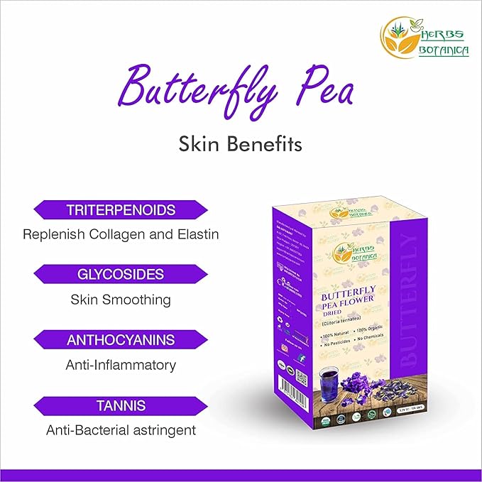 Herbs Botanica Dried Butterfly Pea Flowers For Tea Premium Herbal Tea 100% Clitoria Ternatea Flower Non Toxic, Vegan, Caffiene Free, GMO Free 5.3 oz / 150 gm