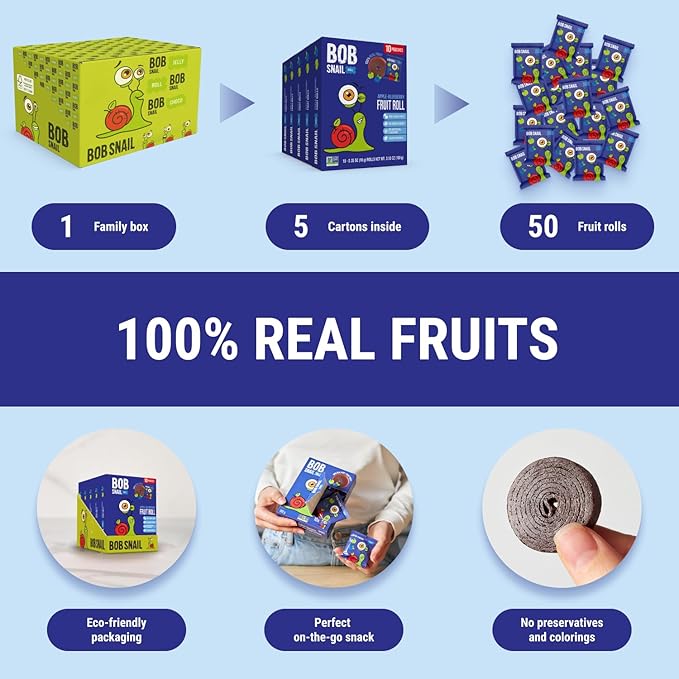 Bob Snail Fruit Roll Ups – Healthy Sweets Snacks, Real Dried Fruits, No Added Sugar, Vegan, Nut Free, Candy for Adults, Kids, with Apple-Blueberry – Bulk 50 pcs Rolls, 500g