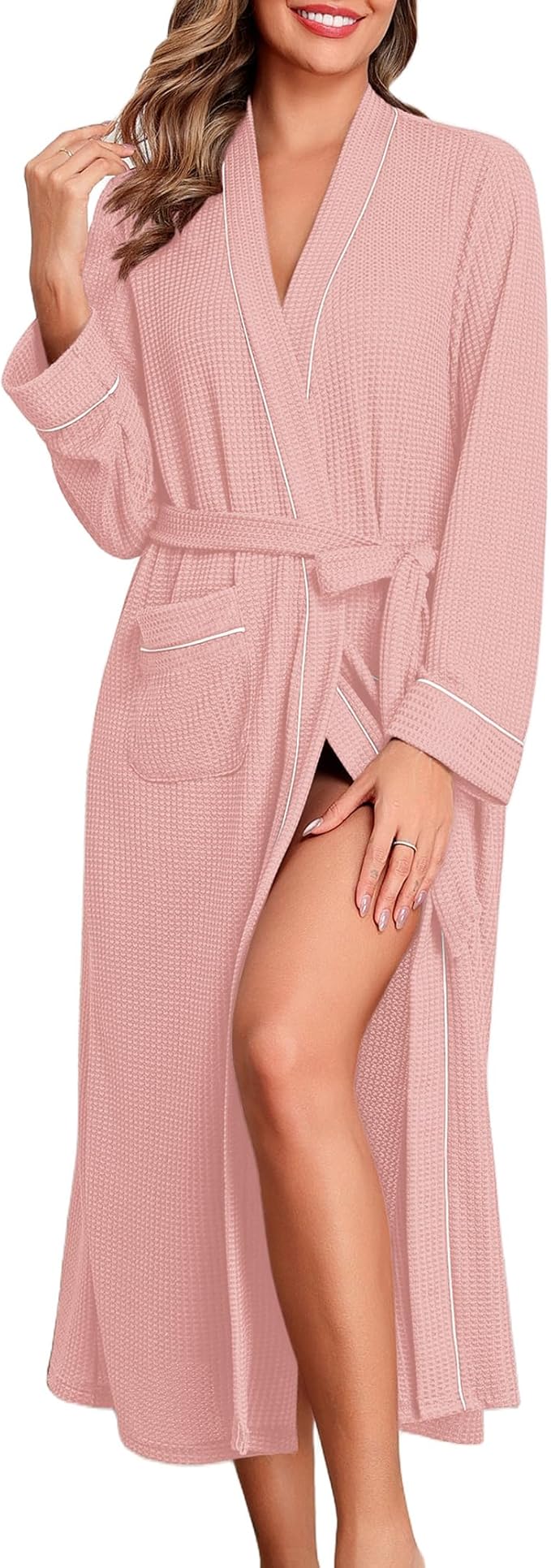 Ekouaer Robes for Women Lightweight Knit Waffle Bathrobe Full Length Kimono Casual Ladies Loungewear