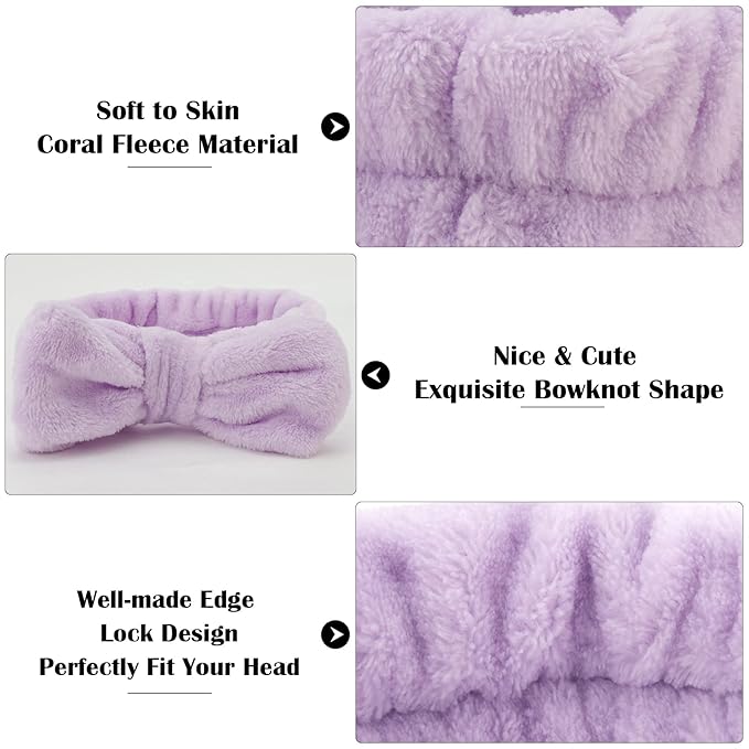 Ondder Spa Headband for Washing Face 8 Pack Purple Skincare Headbands for Women Girls Terry Cloth Cute Bow Head Bands