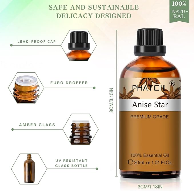 Anise Star 1.01fl.oz Essential Oil, PHATOIL Pure Aromatherapy Oils for Diffuser, Humidifier, Perfect for DIY Soap, Candle, Bath Bombs Making(30ml)
