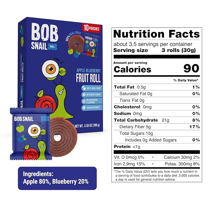 Bob Snail Fruit Roll Ups – Healthy Sweets Snacks, Real Dried Fruits, No Added Sugar, Vegan, Nut Free, Candy for Adults, Kids, with Apple-Blueberry – Bulk 50 pcs Rolls, 500g