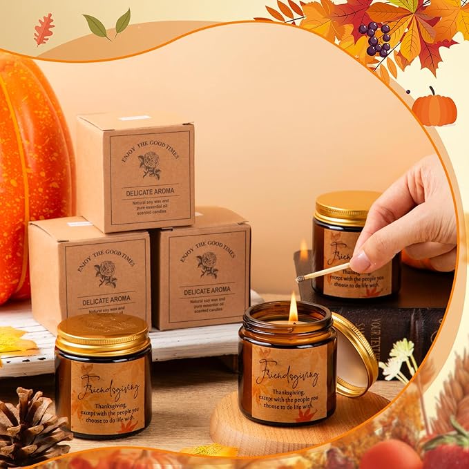 3 Pcs Thanksgiving Gifts Fall Scented Candles Set 3.5 Oz Soy Wax Pumpkin Scented Glass Jar Candle Friendsgiving Gift for Friends Coworker Women Men Autumn Birthday (Amber)
