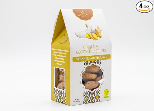 Ambrozia Vegan Snack Biscuits – Ginger & Coconut - Soft Baked, No Added Sugar, Clean Label, High Fiber & Wholesome Ingredients, Kid-Friendly, Healthy Snacks for Active Lifestyles, 4 x 4.58 Oz