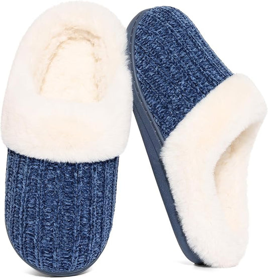 Evshine Warm Knit House Slippers for Women Comfy Wool-Like Lined Chenille Slippers with Memory Foam and Indoor Outdoor Soles