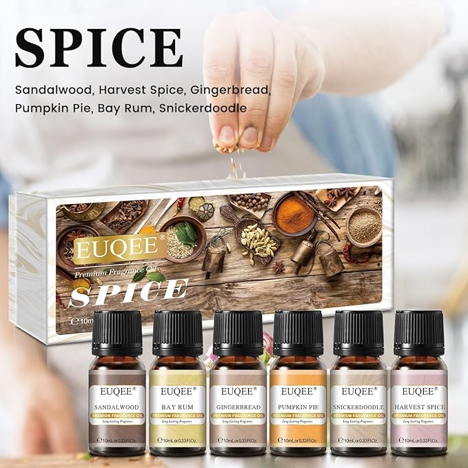 EUQEE 6PCS Spice Autumn Fragrance Oil Set, Scented Oils for Candle Making, Diffusers Aromatherapy Halloween Fragrance Oils for Diffuser & DIY Candles-Sandalwood, Harvest Spice, Bay Rum, Snickerdoodle