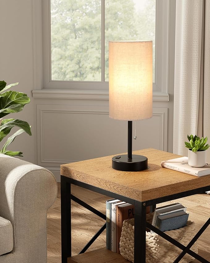 Fenmzee Plus Beige Bedside Table Lamps Set of 2-3 Color Temperatures Pull Chain Lamp with AC Outlet Charging Port, Two Round Night Stand Lamps for Bedroom Guest Room Office, Bed Side Light