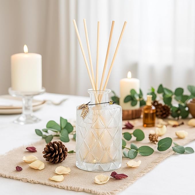 Glass Reed Diffusers Bottles for Home, Diffuser Bottles with 40PCS Reed Diffuser Sticks, Vintage Embossed Apothecary Style Flower Bud Vases with Cork Lids, Set of 6（Small Leaves ）