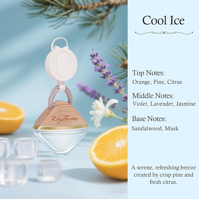 Hanging Car Air Freshener Diffuser, Luxury Car Perfume for Men & Women, Long Lasting Cars Fresheners with Natural Essential Oils | Cool Ice | Adjustable Rope