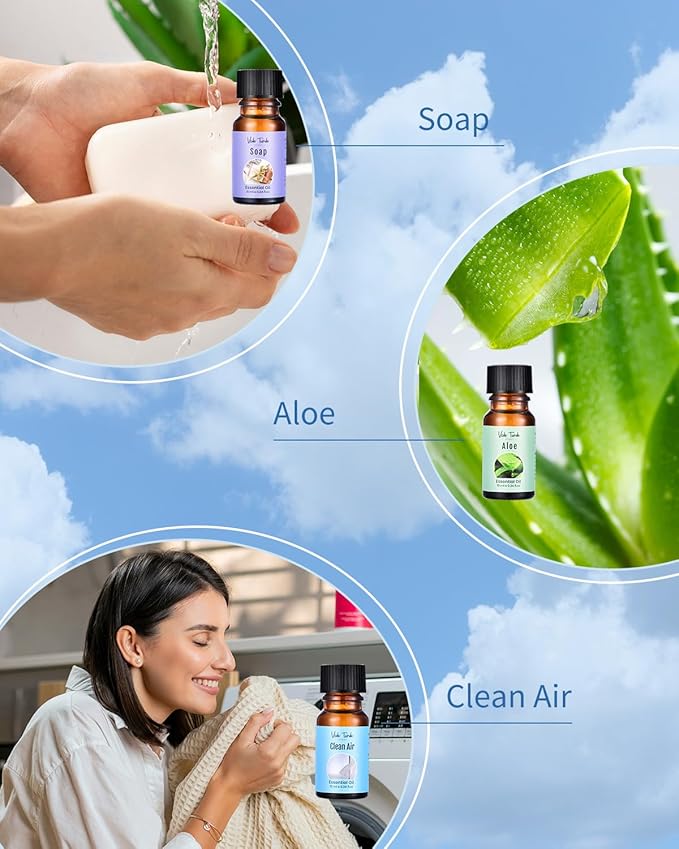 Clean Fragrance Oils Set, Premium Essential Oils for Diffuser, Candle & Soap Making, Freshie Scents - Fresh Cotton, Fresh Linen, Soap, Clean Air & Home, Aloe
