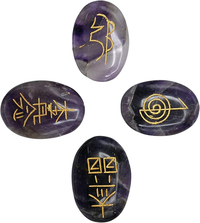 Amazing Gemstone Amethyst Crystal Reiki Stones with Engraved Symbols for Usui Reiki Healing, Set of 4 Pcs (Indian Handmade Reiki Gift Set)