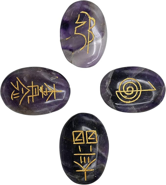 Amazing Gemstone Amethyst Crystal Reiki Stones with Engraved Symbols for Usui Reiki Healing, Set of 4 Pcs (Indian Handmade Reiki Gift Set)