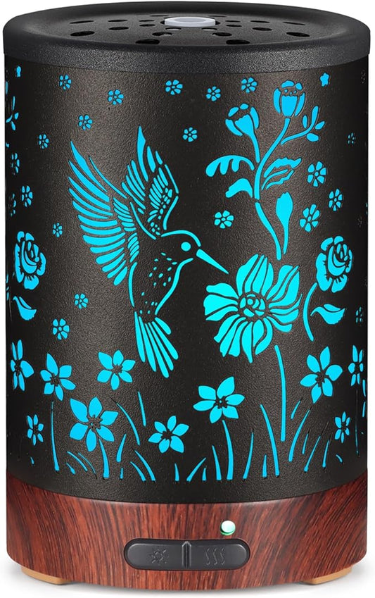 Essential Oil Diffuser- Metal Cool Mist Humidifier-Aromatherapy Diffuser with7 Colors Light, and Auto-Off - for Home and Office（Hummingbird）……