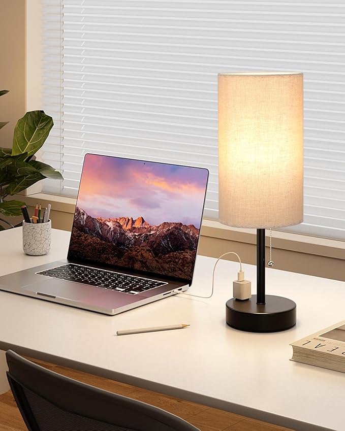 Fenmzee Plus Beige Bedside Table Lamps Set of 2-3 Color Temperatures Pull Chain Lamp with AC Outlet Charging Port, Two Round Night Stand Lamps for Bedroom Guest Room Office, Bed Side Light