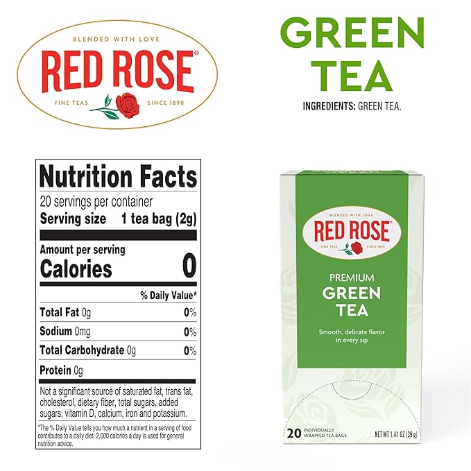 Red Rose Green Tea Naturally Flavored Rich in Antioxidants Zero Calories with 20 Individually Wrapped Tea Bags Per Box (Pack of 6) Contains Caffeine Brew Hot