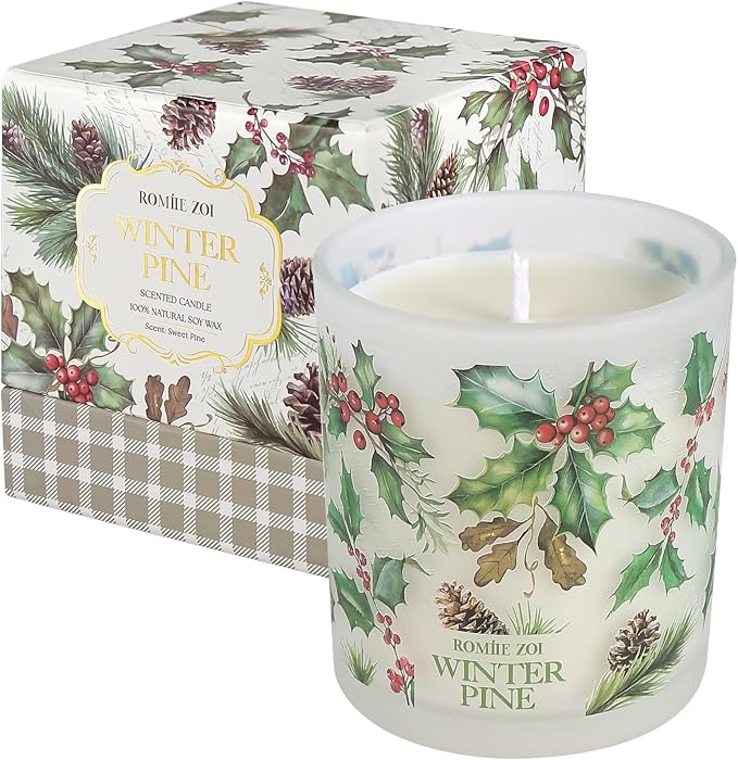 ROMIIE ZOI Christmas Scented Jar Candle - 6oz Soy Wax Candle - Winter Pine Infused with Sweet Pine Aroma - with Beautiful Keepsake Box Special for Christmas/Holiday Gifts