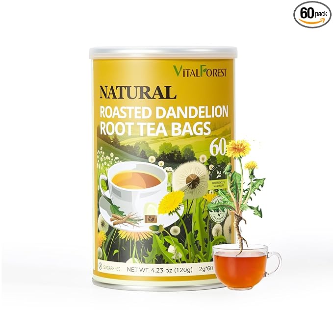 60 Roasted Dandelion Root Tea Bags, 2g/Bags, VitalForest Natural Detox Dandelion Tea, Dried Dandelion Root Coffee Substitute, Diente De Leon, Caffeine Free, Canister Packaged
