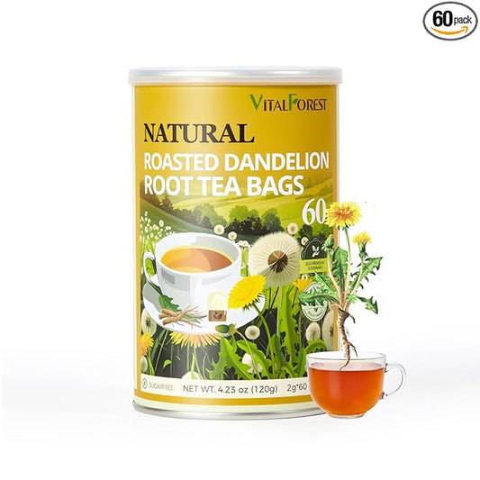 60 Roasted Dandelion Root Tea Bags, 2g/Bags, VitalForest Natural Detox Dandelion Tea, Dried Dandelion Root Coffee Substitute, Diente De Leon, Caffeine Free, Canister Packaged