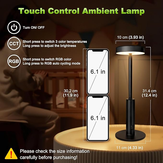2 Pack Small Cordless Table Lamps Rechargeable,5000mAh Battery Operated Portable Desk Lamp,3 Colors & RGB Stepless Dimmable Wireless Touch Lamps for Restaurant Home Dinner Dining Patio(Black)