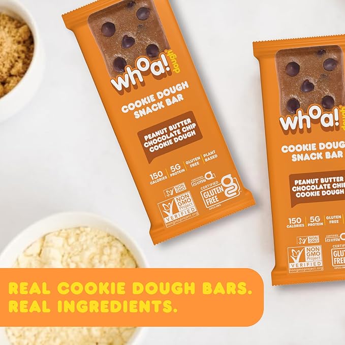 Whoa Dough Edible Cookie Dough Bars- Certified Non-GMO, Kosher and Gluten Free Bars - Healthy Snack Foods - Plant Based Snacks - Peanut Butter Chocolate Chip Cookie Dough - 4 Pack