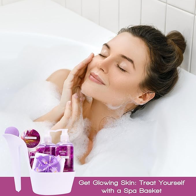 Luxury Spa Gifts for Women – 8 Pc Lavender Scented Bath and Body Set with Bubble Bath, Lotion & More – Luxury Self Care Kit for Wife, Mom, Best Friend, Girlfriend, Anniversary Gift by Draizee