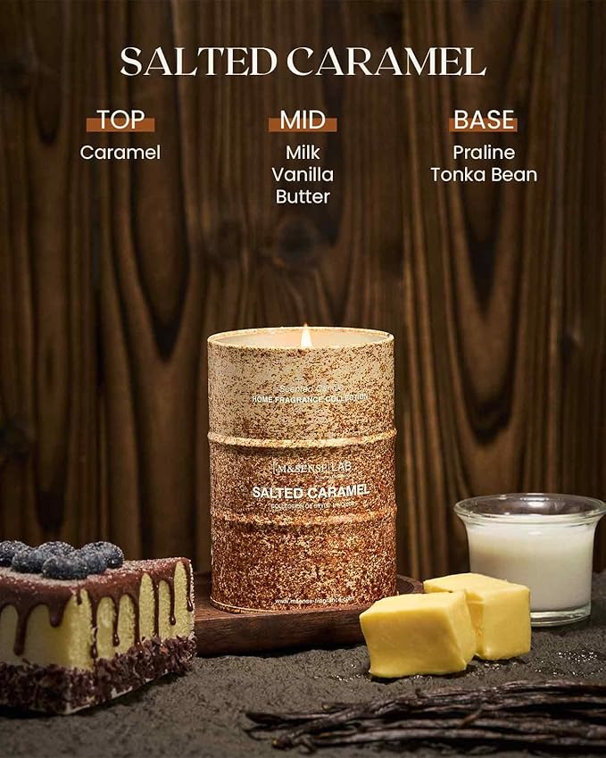 M&SENSE Salted Caramel Scented Candles Natural Non Toxic, Aromatherapy Candle for Stress Relief Meditation Relaxing, Housewarming Gifts for Women Men, 11.3oz 70 Hour Long Burning