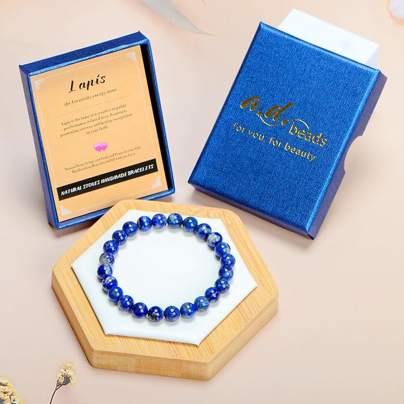 AD Beads Handmade Gemstone Stretch Elastic Bracelet Crystal Healing Reiki Nature's Beauty and Spiritual Essence Unisex (12mm, Lapis Lazuli)