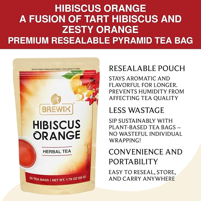 BREWIX, Hibiscus Orange Tea Bags (25 Plant Based Tea Bags) Caffeine-Free, Made with Real - Hibiscus Flowers, Rosehip, Orange Peel, Raspberry Leaf | Contains Antioxidants & Support Overall Health