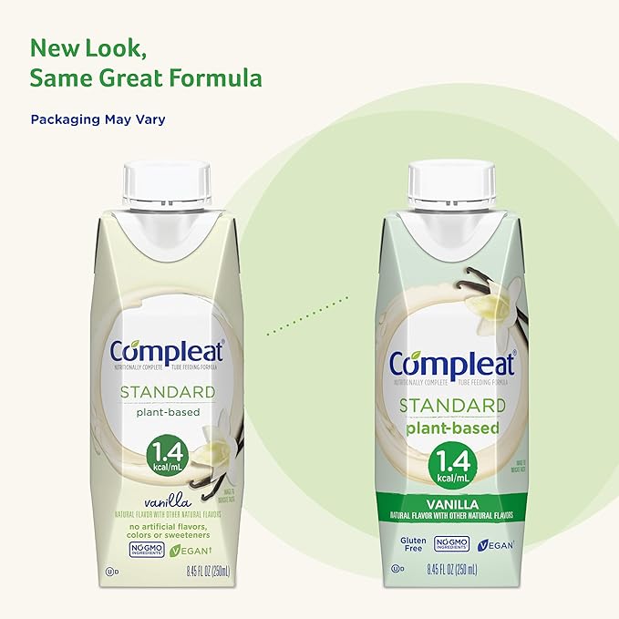 Compleat Standard 1.4 Plant-Based Vanilla Nutrition Shake - 18g Protein, 29 Vitamins & Minerals - Vegan Tube Feeding Formula - 8.45 Fl Oz (Pack of 12)
