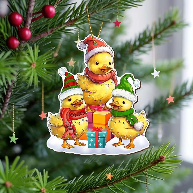 Family Duck Christmas Ornament for Christmas Tree, 2-Side Printed Flat Wooden Ornament, Farmhouse Christmas Decor, Farm Animal Gifts for Christmas Women