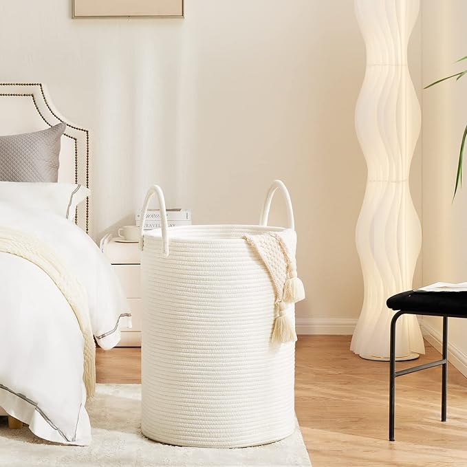 Fiona's magic 72L Large Woven Laundry Hamper, Tall Cotton Rope Storage Basket, Jute Baby Nursery Hamper for Blankets, Toys and Clothes in Bedroom and Living Room Organizing, White