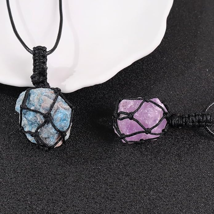 Handmade Natural Gemstone Crystal Pendant Necklace Stone Holder Necklace Cord Net Necklace with Adjustable Length for Women Men