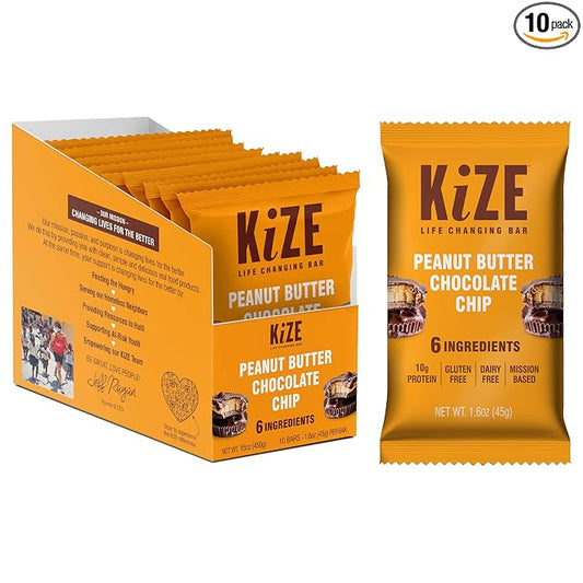 KiZE Energy Bars - Peanut Butter Chocolate Chip - Gluten Free, Dairy Free, Non-GMO, and High Protein Meal Replacement Energy Bars, Clean and Simple Food Ingredients - 10g High Protein Snacks, (10 Count)