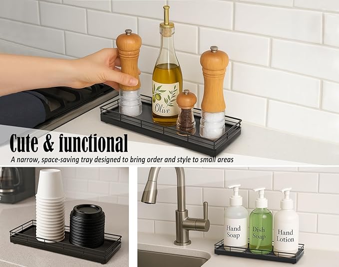 Bathroom Tray for Counter, Oak Wood 11" L Small Vanity Tray for Dresser Tops Perfume Jewelry Makeup Candle Soap Sponge Holder for Kitchen Countertop Organizer Coffee Table Decor Bar Black