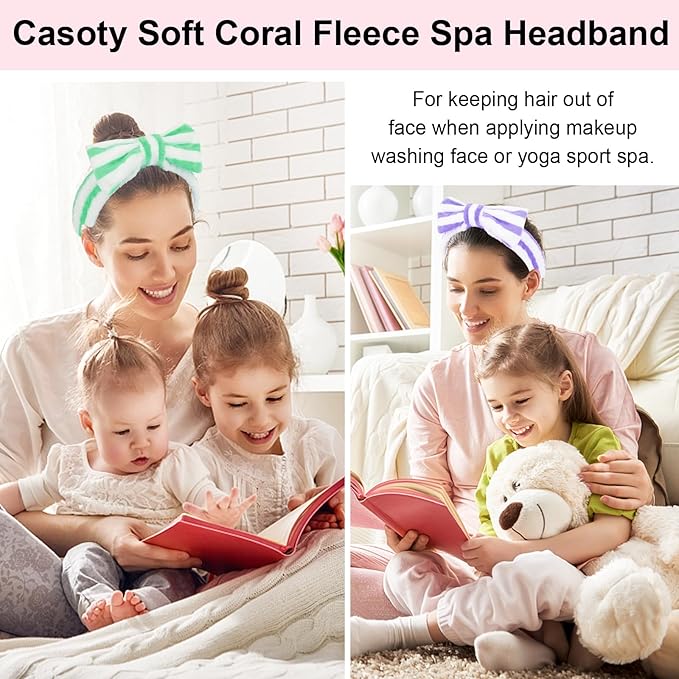 Casoty 12 Pcs Spa Headbands, Skin Care Headband, Soft Coral Fleece Makeup Head Bands, Bow Hair Band for Face Washing Shower Skin Care Yoga