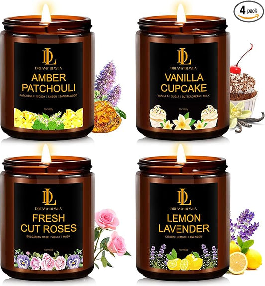 4 Pack Candles for Home Scented, 28 oz Soy Aromatherapy Candle Set, Mother's Day Candle Gifts for Women, Scents of Fresh Cut Roses/Lemon Lavender/Vanilla Cupcake/Amber Patchouli
